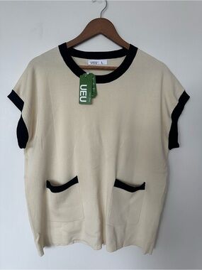 UEU Lounge Knit Top Cream Black Trim Minimalist Pocket Tee L